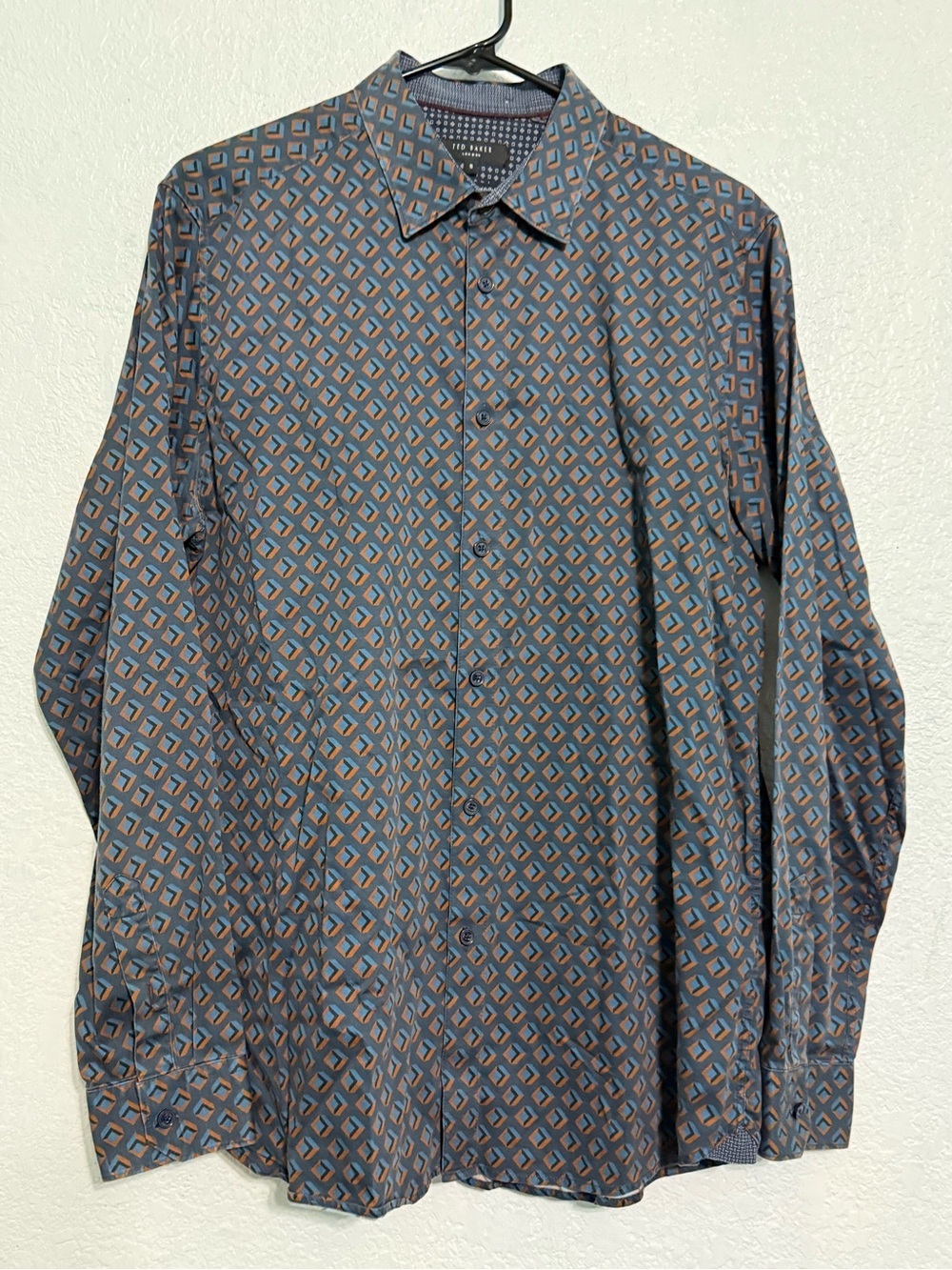 Ted Baker London Men’s Size 5 Large Blue Brown Geometric Print Button Up Shirt - Picture 2 of 6